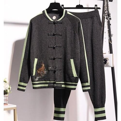 Autumn Tracksuit Knitting Outfits Women Handwork Embroidery Cardigan Sweater Pencil Pants Set Loose Knit Suit Female Streetwear