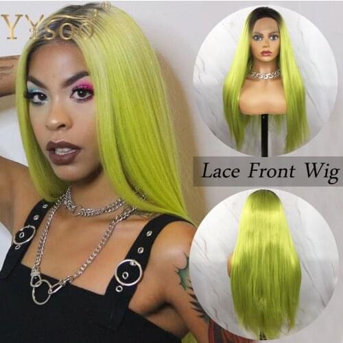 YYsoo Long Ombre Green Lace Front Synthetic Hair Wig For Women 1b/Green Silky Straight Half Hand Tied Ombre Color Wig Free Part