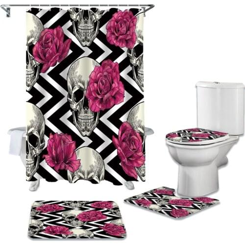 Bathroom Shower Curtain and Rug Sets Artistic Skull Red Flowers Wave Toilet Lid Cover Bath Mat Waterproof Shower Curtains Set