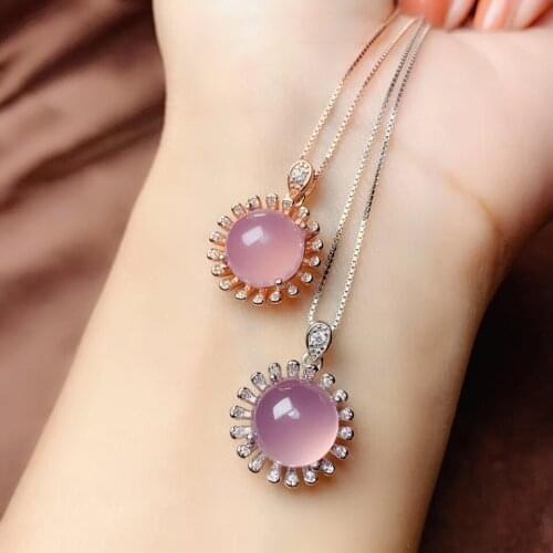 Classic pink rose quartz gemstone pendant for necklace 925 sterling silver pink color round gem girl birthday date present