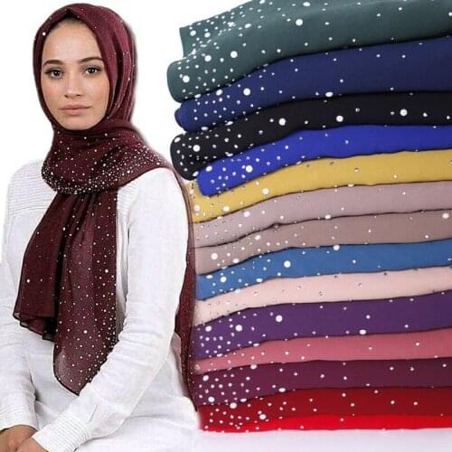 1 pc New Womens Bubble Chiffon Scarf With diamond studs Pearls scarf plain hijab shawls Wraps solid color muslim hijab scarves