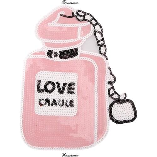 1pc Cute New Cartoon Large Sequin Pink Perfume Bottle embroidery Cloth patch Iron on Clothing Accessories Bag Decoration 23.2X18