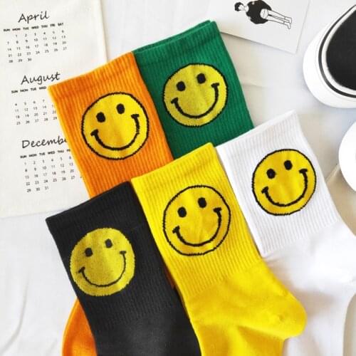5pairs/set Womens Socks Big Smile Face Mid-calf Length Media Corta Crew Female Cotton Sock Couple Socks