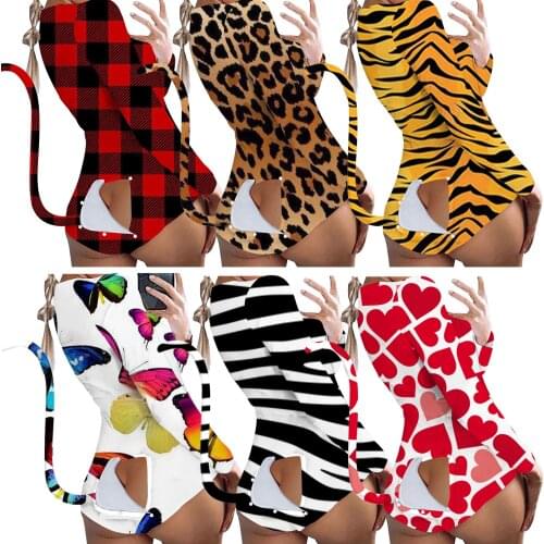 Adogirl Animal Geometric Print Slim Rompers Women Jumpsuit Long Sleeve One Piece Overall Summer Butt Open Party Club Bodysuit