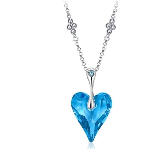COCOM Romantic Heart Shaped Pendant Necklace Sweater Chain with Blue Austria Crystal Valentines Day Gift for Wife or Girlfriend