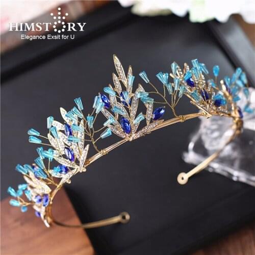 Himstory Handmade Blue Crystal Wedding Crown Tiara Bridal Hair Accessories Princess Diadem Headpiece Hair Jewelry