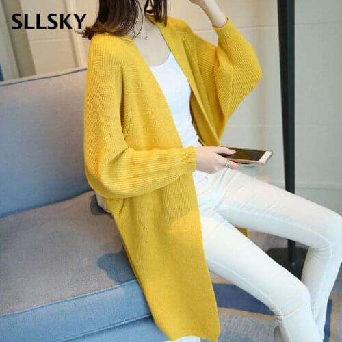 SLLSKY Mid-length Solid Cardigan Women Knitted Batwing Sleeve Sweater 2021 Autumn New Loose All-match Pocket Ladies Cardigans