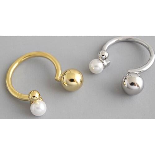 Real 925 sterling silver ball finger rings for women anillos, cute simulated pearl opening ring bijoux femme gold color jewelry