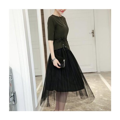 Two-piece Set Korean New Fashion Mid-sleeve Patchwork Slim Stitching Black Army Green mesh Women Plus Size Dress Summer Dress