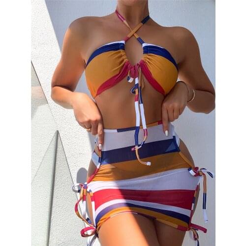 Swimsuit with Striped Sexy Three-piece Bikini Ribbed Strap Bathing Suit Biquini Brazilian Bikini 2021 New Beachwear