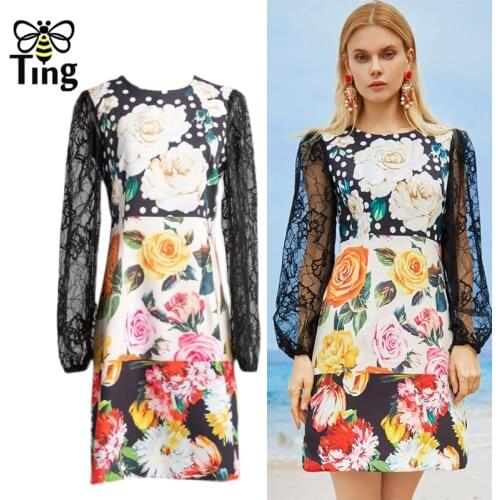 Tingfly Summer Fashion Runway Rose Flower Floral Straight Mini Short Dresses Black Lace Lantern Sleeve Casual Vestido Zaful Robe