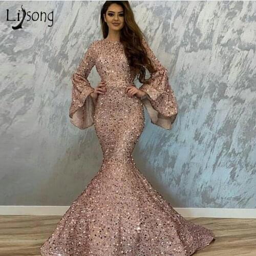 Pretty Rose Pink Sequined Mermaid Prom Dresses With Flare Full Sleeves Elegant Long Prom Gowns 2019 Vestidos