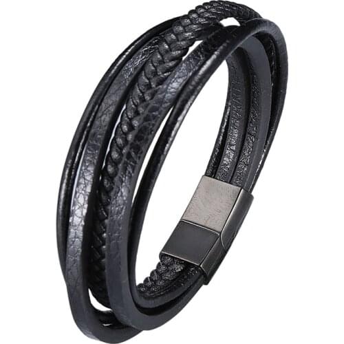 Trendy Leather Bracelet Men Stainless Steel Multilayer Braided Rope Wristband for Male Female Bangles Jewelry Accessories PD1002
