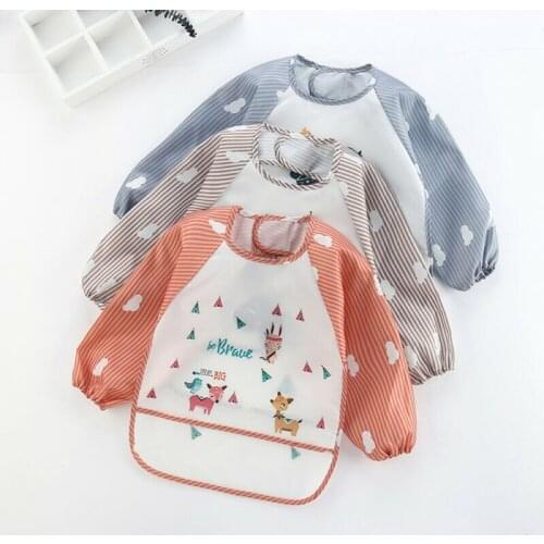 Baby Apron Bandana Bibs Baby Cartoon Animal Print Bibs Waterproof Kids Eating Clothing Childrens Long Sleeves Feeding Smock Bib