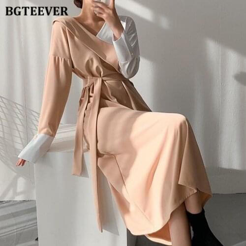 BGTEEVER Stylish Chic Patchwork Full Sleeve Women A-line Dress 2021 Spring Summer V-neck Lace-up Female Mid-length Dress