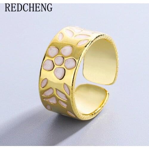 REDCHENG 925 Sterling Silver Opening Rings for Women INS Fashion Elegant Vintage Printing Flowers Grass Wedding Jewelry Gifts