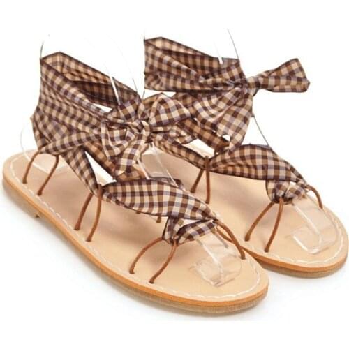 Big Size 9 10 11-14 summer flat sandals ladies women shoes woman Plaid cross tie with open toe