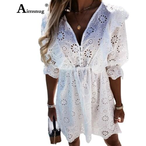 Vintage 2021 Summer Ruffles Short Dress Women Elegant Fashion Hollow Out Lace Sundress Mini Vestidos Femme Loose Beach Dresses