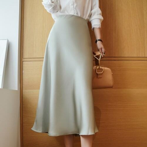 Women Summer Elegant Shinny Satin Luxurious Long Skirt Elastic High Waist Silky A-line Wrap Skirts 2020