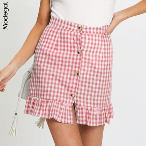 Modegal Womens High Waisted Mini Skirts Plaid Print Mermaid Hem Button Front Patchwork Casual Cute Short Skirt