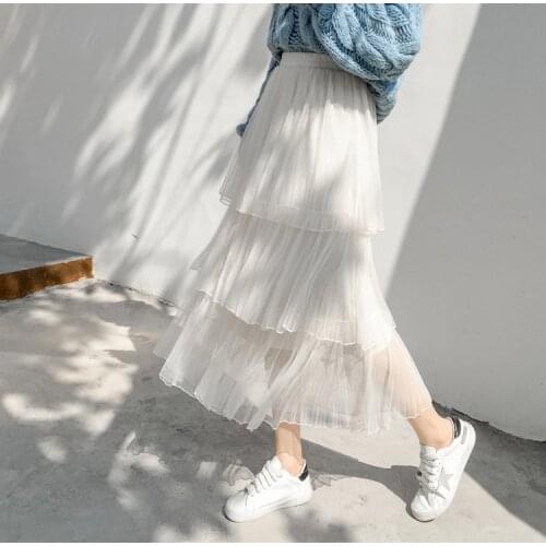 Bella phiosophy 2020 Cake Skirt Spring Women skirts lady High waist A-line Pleated Long Skirts female solid chiffon casual Skirt