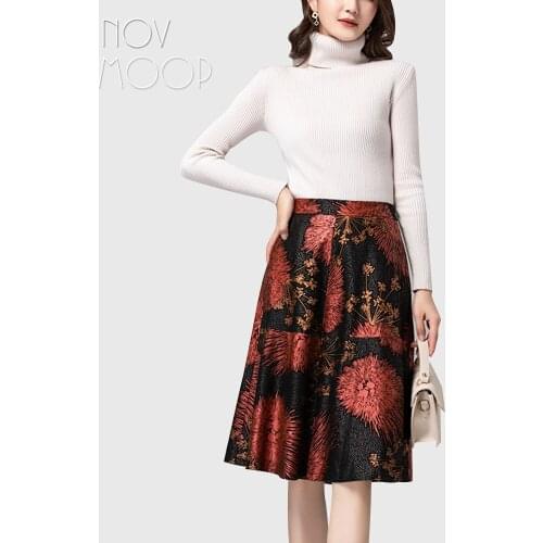 Novmoop gold red color printed soft sheepskin genuine leather women skirt mid-calf length elegant office lady style jupe LT3425