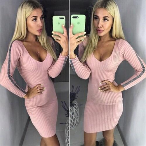 2018 Promotion Real Cotton Acrylic Spandex Full Zanzea Dress Womens Knit Dress Fashion V-neck Bag Hip Sexy Long Sleeve Female