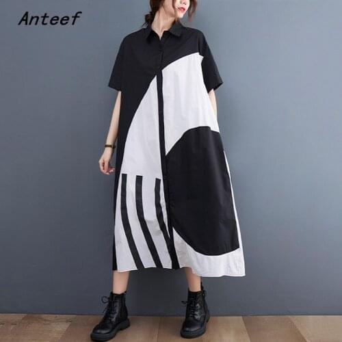 Anteef short sleeve cotton vintage dresses for women casual loose long woman summer shirt dress elegant clothes 2021