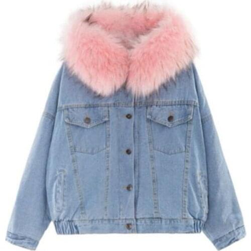 2021 New Fashion Winter Coat Korean Version of The Big Rabbit Fur Collar Denim Coat Womens Clothing Thickened Warm Denim Jacket
