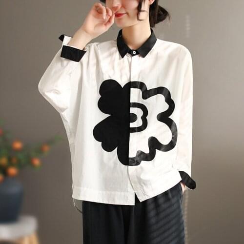 2021 Spring Summer Blouse Retro Women Loose Casual Tops New Embroidery Flower Shirt Cardigan Button Patchwork Vintage Clothes