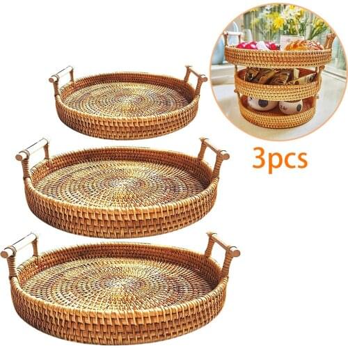 3pc Handwoven Rattan Storage Tray With Wooden Handle Round Wicker Basket Bread Food Plate Fruit Cake Platter Dinner Serving Tray