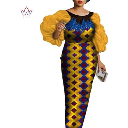 2021 Customized Dashiki African Clothes for Women Bazin Riche Round Neck Women Dress African Flared Sleeve Dress WY8979