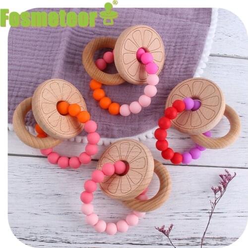 Fosmeteor Beech Wooden Flowers BPA Free Teething Bracelet Wooden Beech Animal Teether Rattle Toy Suitable For Baby Teething Gift