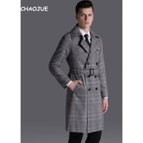 CHAOJUE Brand Vintage Plaid Trench Long 2018 Mens Causal Double Breasted Retro Grid Coat Male S-6XL Raglan Sleeve Pea Coat