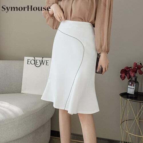Elegant Midi Women Skirts Plus Size High Waist 2021 Fashion Mermaid Skirt Black White Elastic OL Skirts Womens