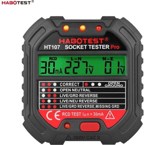 Habotest HT107 Socket Tester Pro Voltage Test RCD 30mA Socket Detector UK EU Plug Ground Zero Line Plug Polarity Phase Check