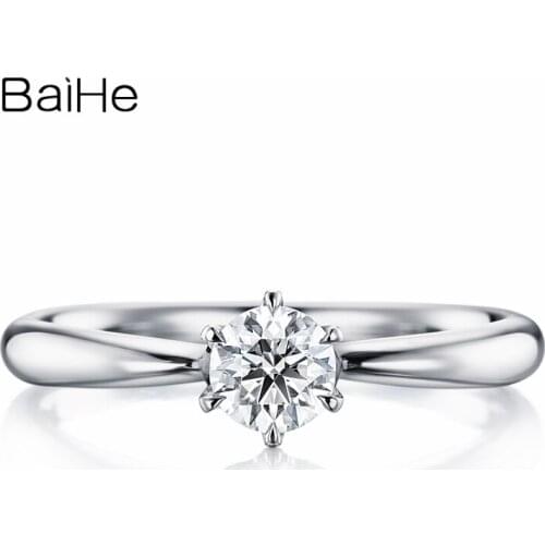 BAIHE Solid 18K White Gold 0.20ct H/SI Round Natural Diamond Jewelry Wedding Band Women Trendy Fine Jewelry simple Diamond Ring