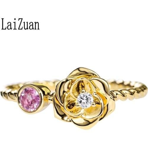 LaiZuan Solid 14K Yellow Gold 0.15CT Certified H/SI Round Genuine Natural Diamonds & Pink Sapphire Engagement Women Jewelry Ring