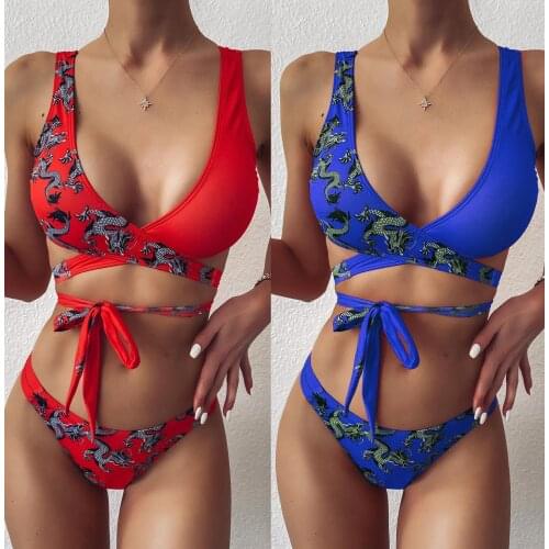 Split Bikini Set Sexy Swimwear Women Cross Bandage Printed Swimsuit Push-Up Two-piece Bathing Suit for Swimming Beachwear Set