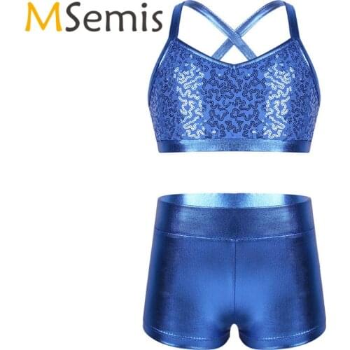 2PCS Kids Girls Ballet Leotard Swimsuit for Gymnastics Ballet Tank Top with Dance Short Shiny Sequins Tankini Outfit for Dance