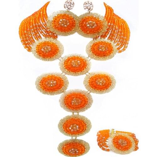Orange and Champagne Gold AB African Wedding Beads Crystal Necklace Sets Nigerian Jewelry Set 9PHK06