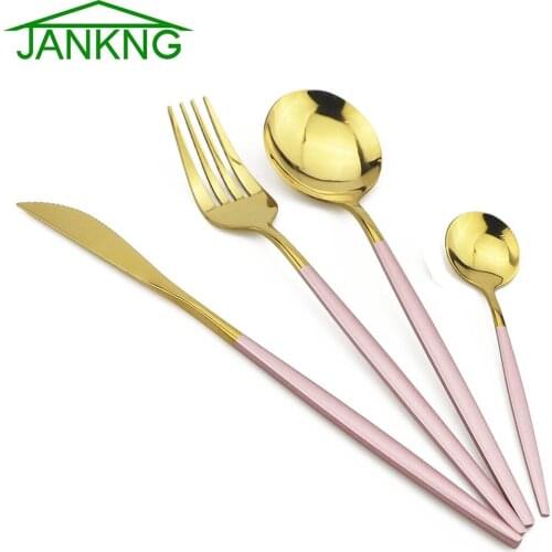 16Pcs/24Pcs/40Pcs Pink Gold Cutlery Set 304 Stainless Steel Dinnerware Set Knife Fork Spoon Dinner Set Home Mirror Tableware Set