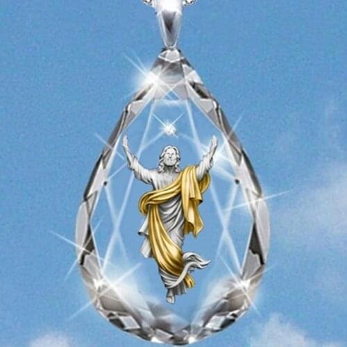 New Jesus Pattern Drop Shape Crystal Pendant Necklace Mens Womens Necklace Sliding Crystal Necklace Accessories Party Jewelry
