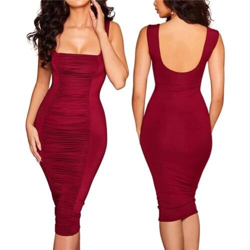 Summer Women’s Sexy Suspender Mid-length Dress Fashion Solid Color Mid-waist Pleated Midi Dress Sleeveless Backless Tight Dresse