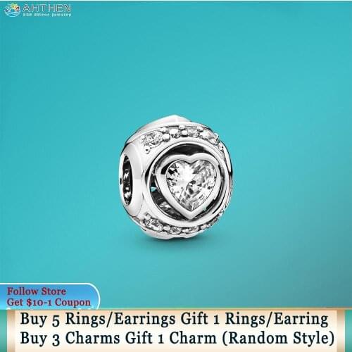 Ahthen 925 Sterling Silver Bead Elevated Heart Charms fit Original Pandora Bracelets for Women Jewelry Making Girl Birthday Gift