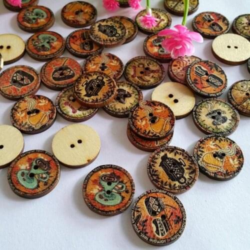 50pcs/pack Mixed Color 2 Holes 20mm Wooden Round Printing Multicolor Buttons Scrapbooking Accessories Sewing Supplies