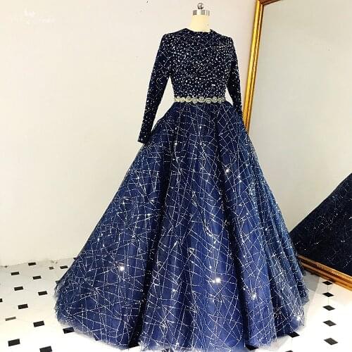 RSE883 Modest Long Sleeves Abendkleider Ballkleider Ball Gown Luxury Sequin Navy Blue Prom Dresses