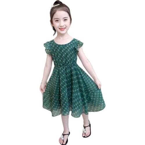 Little Girl Chiffon Dresses Summer Kids Clothes Sleeveless Dot Print for Green Blue Orange Holiday Party Children Luxury Dress