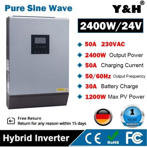 Y&H Solar Inverter 3KVA 24V 220V Hybrid Inverter Pure Sine Wave Built-in 50A PWM Solar Charge Controller Battery Charger
