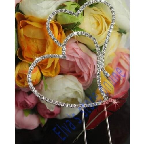 Brand New Crystal Rhinestone Double Heart Cake Topper Sign Stand Wedding Decoration